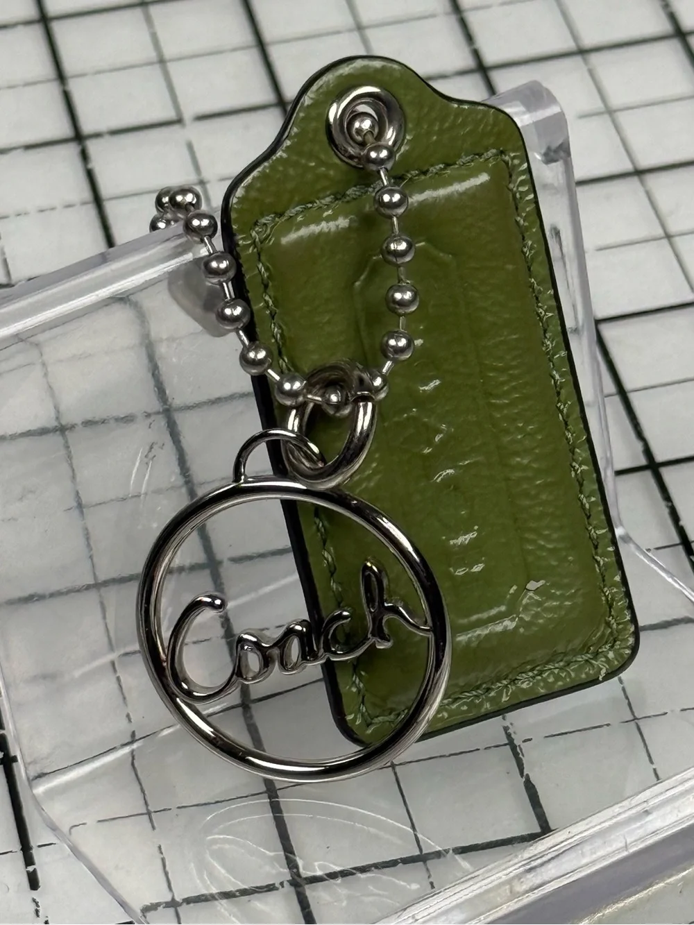 Coach Green Leather Tag Keychain with Silver Script Ring